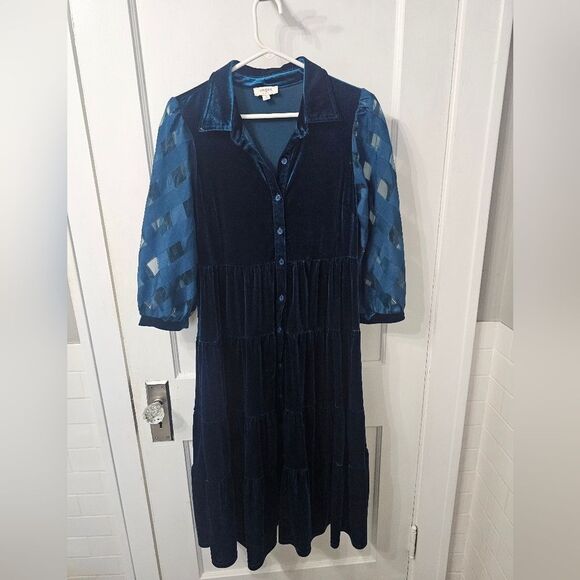 Umgee Teal Velvet Button Down Dress Sz Small, Like New - Picture 1 of 6